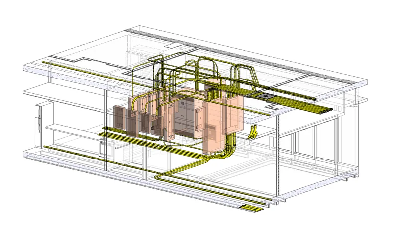 3D view of a coordinated electrical room in Revit: switchgear, cable tray and conduit